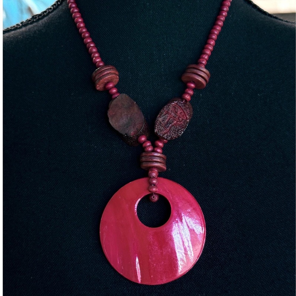 Boho Purple Pink Wood Bead Necklace Large Round Pendant Carved Figural